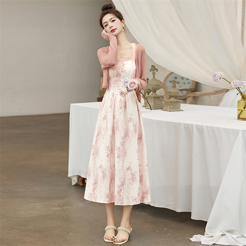 吊带连衣裙两件套2025春夏新款今年流行针织长袖新中式碎花裙套装，女装套装/套裙，涵墨