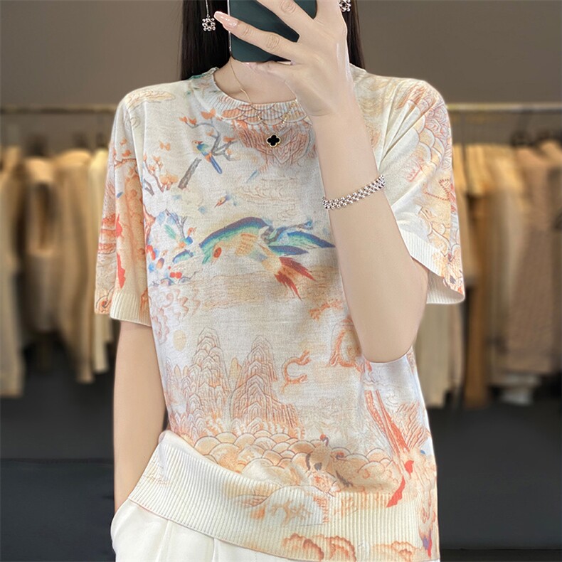 圆领印花桑蚕丝羊毛短袖t恤女套头宽松设计感水墨画薄款半袖上衣,女装羊毛衫,朝贺羊绒