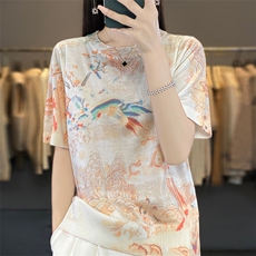 圆领印花桑蚕丝羊毛短袖t恤女套头宽松设计感水墨画薄款半袖上衣，女装羊毛衫，朝贺羊绒