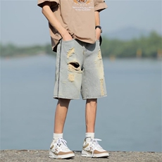 夏季牛仔裤男港风潮破洞乞丐高街慵懒潮流短裤五分裤XK8047-P40，男装牛仔裤，星座1109-1