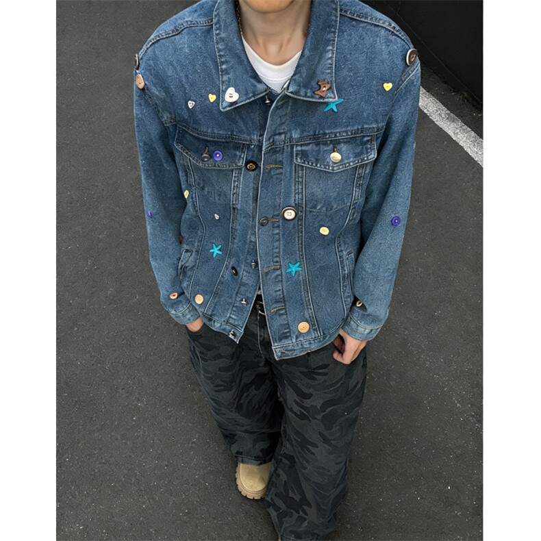 壹品满天星牛仔夹克男春秋潮流男装宽松休闲美式复古潮牌翻领外套图片