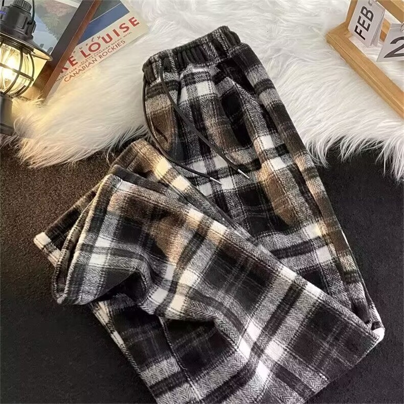 美式复古毛呢格子裤男女装春秋季ins垂坠感宽松阔腿裤A922/P40,男装休闲裤,星座506B