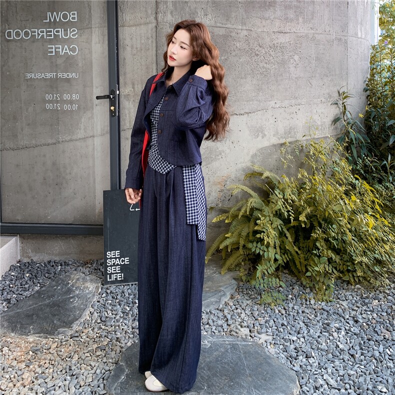 日系百搭设计款外套阔腿裤套装女2025秋季新款复古格子吊带三件套,女装套装/套裙,2C217