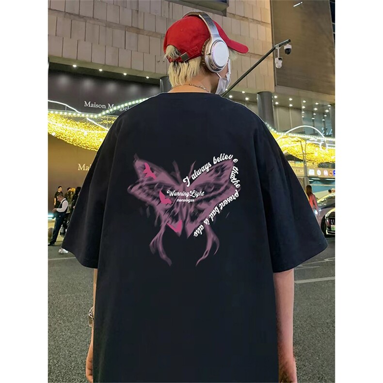 抖音得物供货210克现货宽松纯棉美式潮牌印花落肩袖纯棉T恤AT2175图片