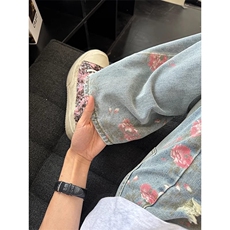 花卉满印牛仔裤男小众设计感破洞直筒微喇裤复古加长高腰显瘦裤子，男装牛仔裤，星座410-7
