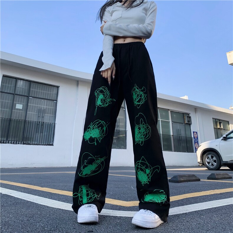 X361-P60街头百搭印花绿色涂鸦长裤男女直筒裤复古宽松休闲裤潮,男装休闲裤,星座911