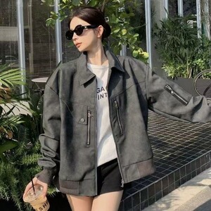 Q05-P58 美式复古机车服男女2025春秋新款复古港风高级感气质图片