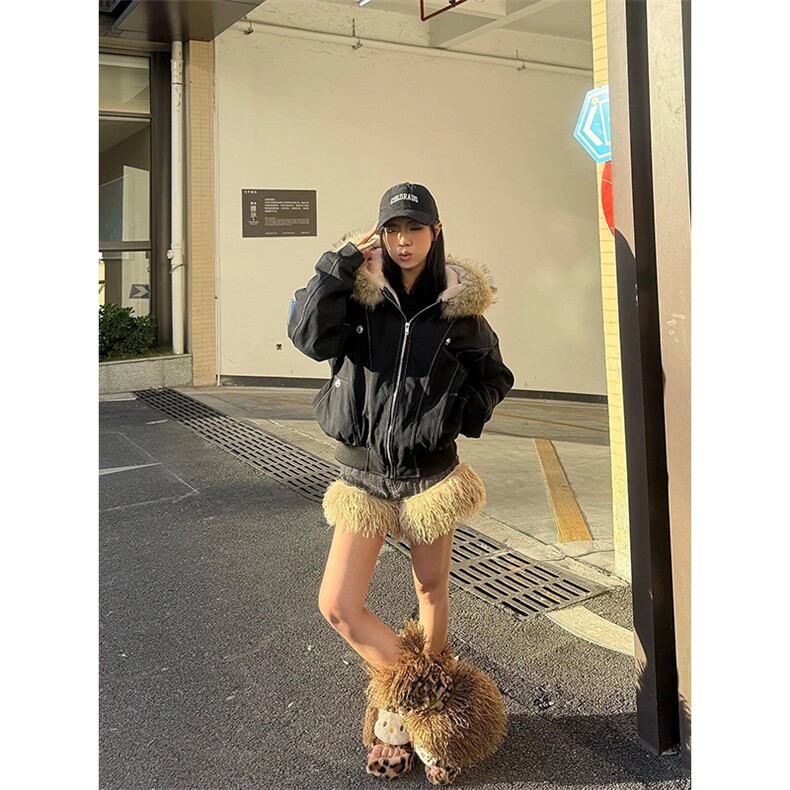 现货重磅boxy短款棉衣座山雕大毛毛领男女棉服水洗工装厚外套,男装棉衣,电商A486