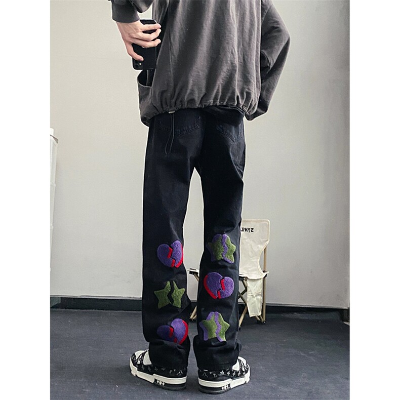 B221美式ins高街暗黑小众情侣毛巾绣直筒牛仔裤LK23021-P65控88,男装牛仔裤,电商B221