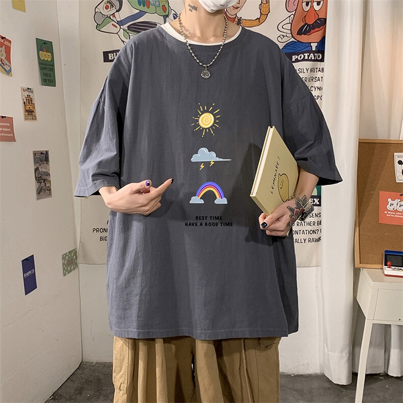 YT26141-P30亚麻短袖t恤男大码五分袖男宽松七分袖海报风,男装T恤,电商A040