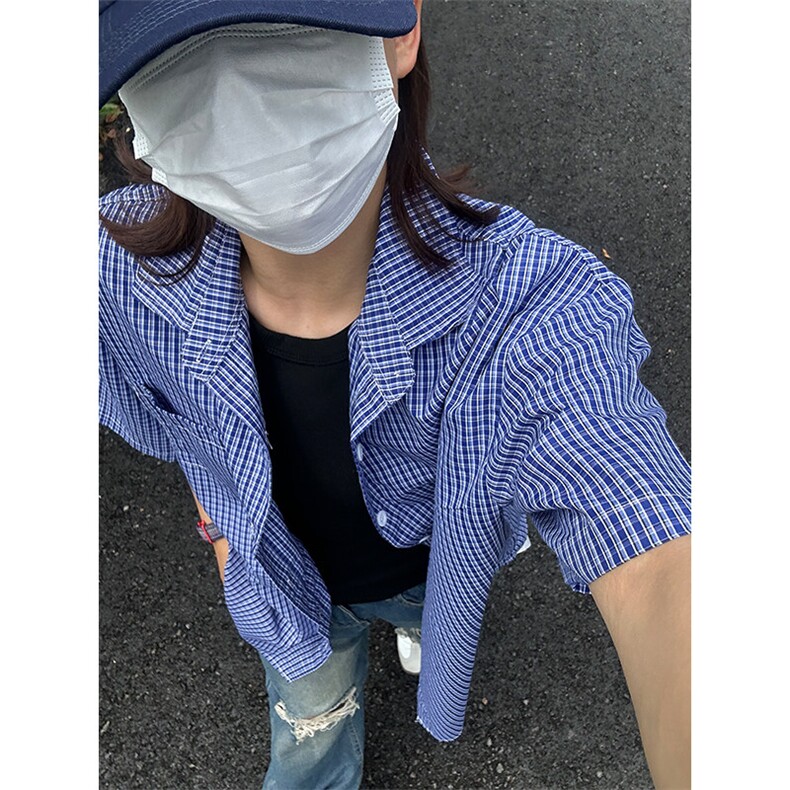 格子衬衫春夏美式短袖衬衫港风情侣装休闲衬衣CS286-P30,男装T恤,星座301C-5