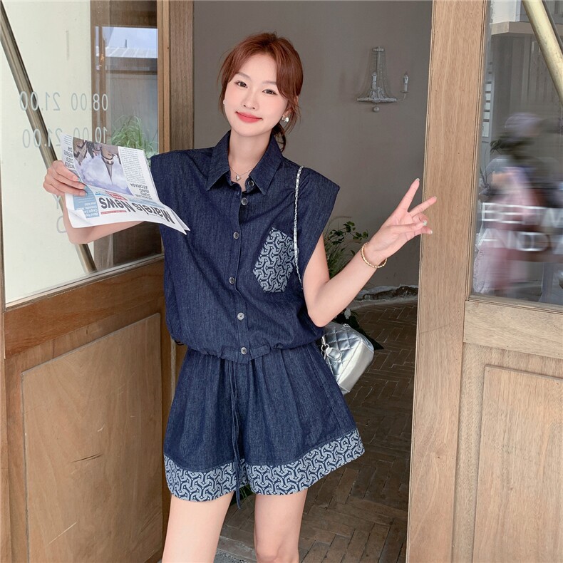 轻熟风小个子薄款牛仔衬衫套装女夏新款设计感时尚洋气短裤两件套,女装套装/套裙,2C057