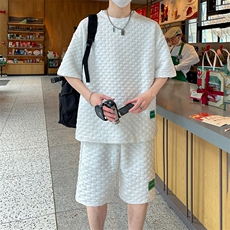 棋盘格子提花冰丝短袖T恤套装男士2025夏季装大码两件套TZ40-P25，男装T恤，星座1816-2（原1210–2）