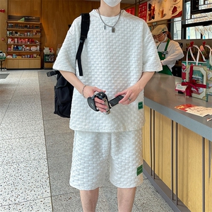棋盘格子提花冰丝短袖T恤套装男士2025夏季装大码两件套TZ40-P25图片