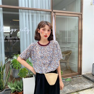 复古碎花宽松百搭雪纺上衣3099#现货图片