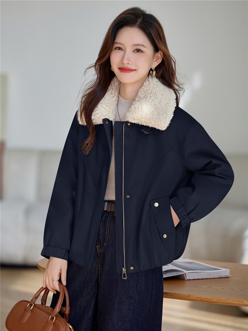 羊羔毛翻领加绒保暖短外套女2025秋冬宽松休闲百搭派克服棉衣棉服,女装棉衣/棉服,依万里