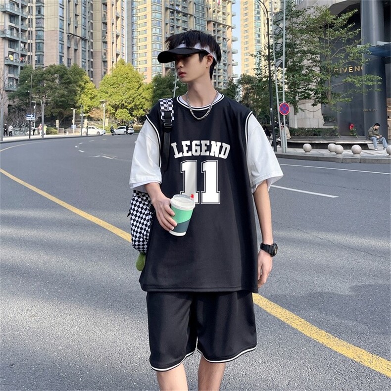 TZ05-P45港风运动套装男夏季大码潮胖人宽松休闲翻领T恤短裤,男装T恤,电商D310B