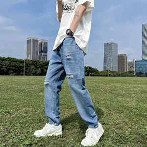 牛仔裤男夏季潮大码休闲裤子高街设计N321P38图片
