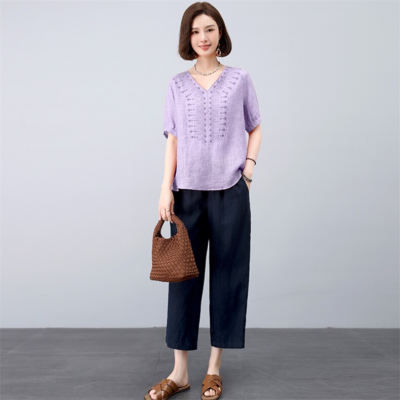 高端亚麻九分裤女夏季薄款裤子2025新款小个子妈妈直筒显瘦休闲裤,女装套装/套裙,独衣靓