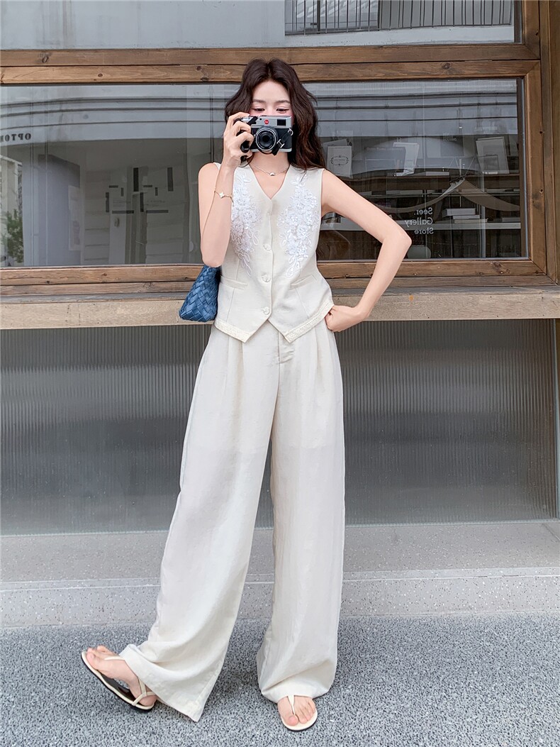 简约老钱风重工刺绣马甲阔腿裤套装女2026夏季显瘦超好看一整套,女装套装/套裙,冬木谷雨