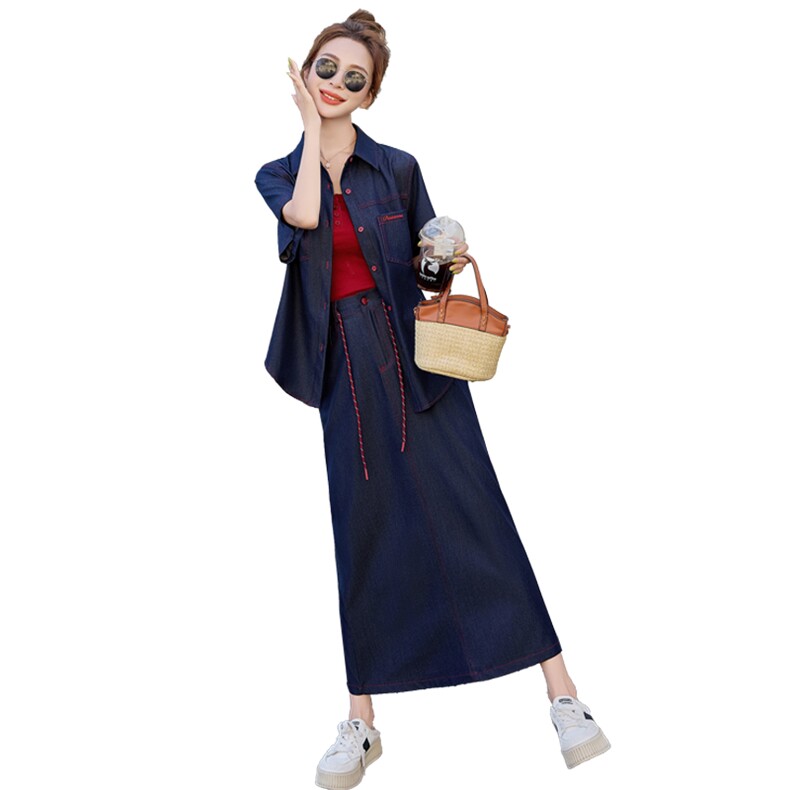（新款现货）2026夏装新款时尚天丝牛仔大版衬衫+长裙（两件套）,女装套装/套裙,印象茜