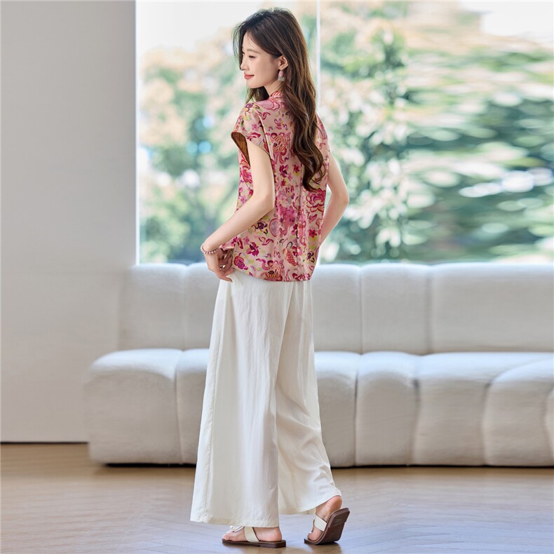 新中式套装女2026夏季新款时尚复古印花盘扣上衣阔腿裤两件套,女装套装/套裙,简韵佳