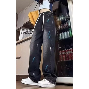 小众设计泼墨水洗宽松显瘦潮牌做旧直筒vibe风牛仔裤女裤N9069