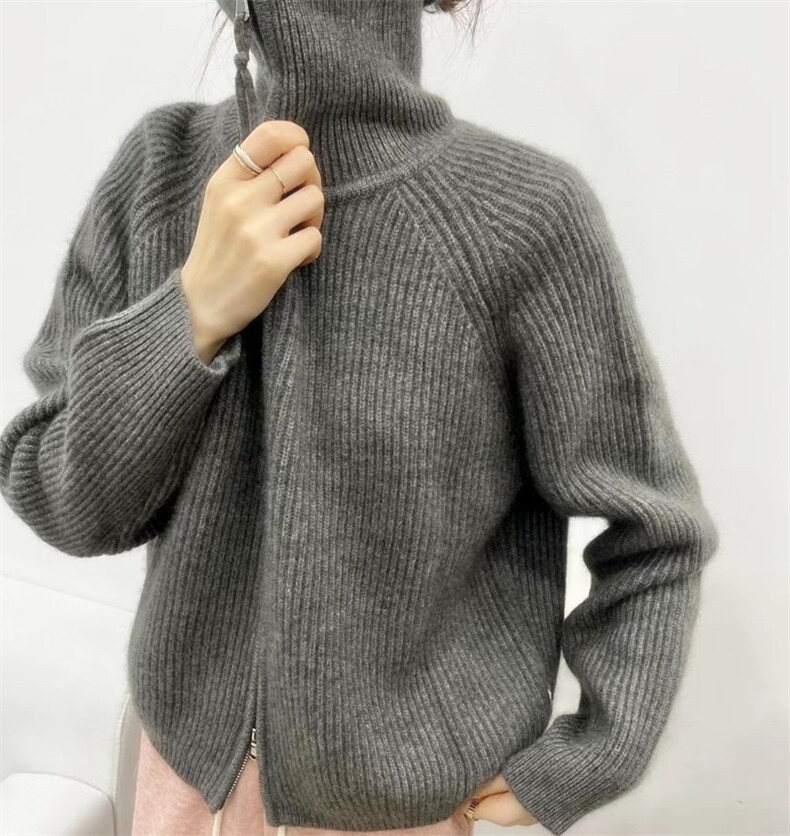 秋冬新款简约时尚百搭女款羊毛衫宽松显瘦元宝针拉链开衫,女装羊毛衫,悦玛羊绒