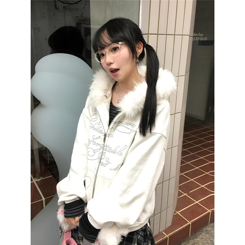 网图现货 美式宽松连帽开衫卫衣男女夹克带毛领W0261/P62图片