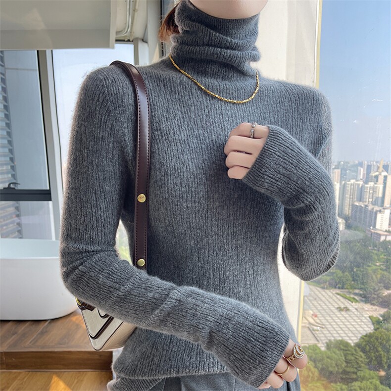 25秋冬100%纯羊毛衫女一线成衣半高领坑条套头毛衣宽松羊绒衫打底,女装羊毛衫,美轩羊绒