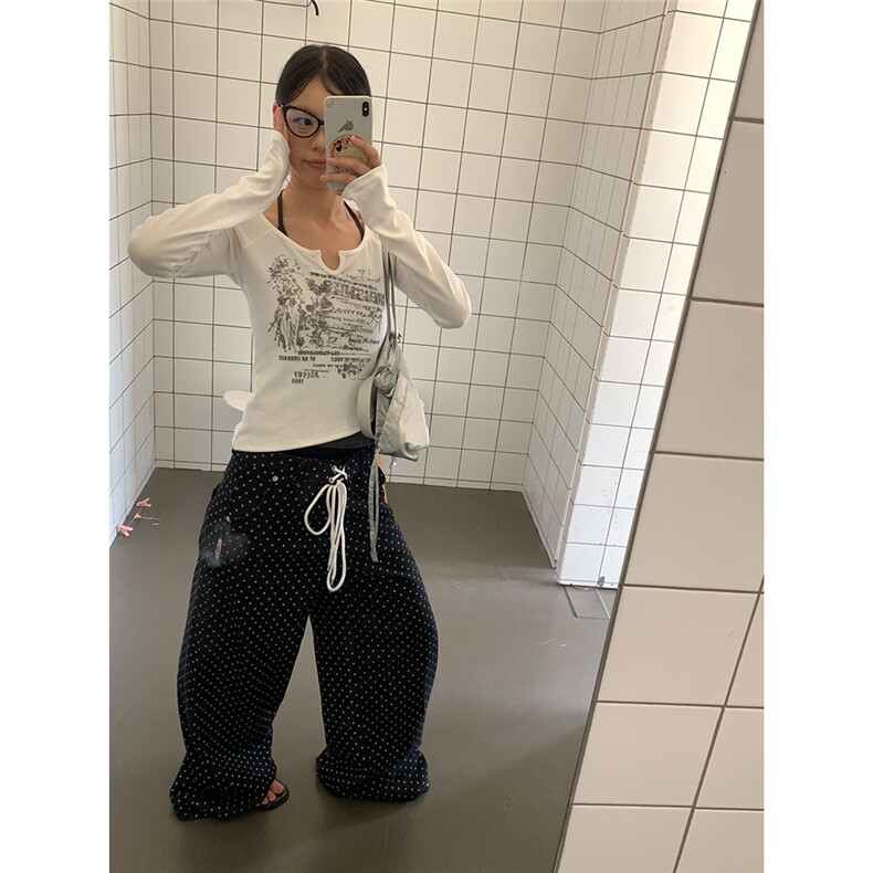 EAHO美式复古波点满印抽绳设计感休闲裤男女宽松百搭直筒拖地长裤,男装休闲裤,星座506A