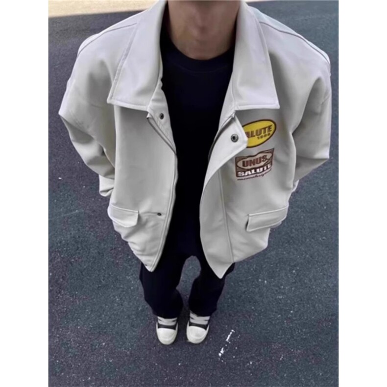 美式街头字母刺绣飞行员PU皮衣夹克男潮牌宽松情侣外套图片