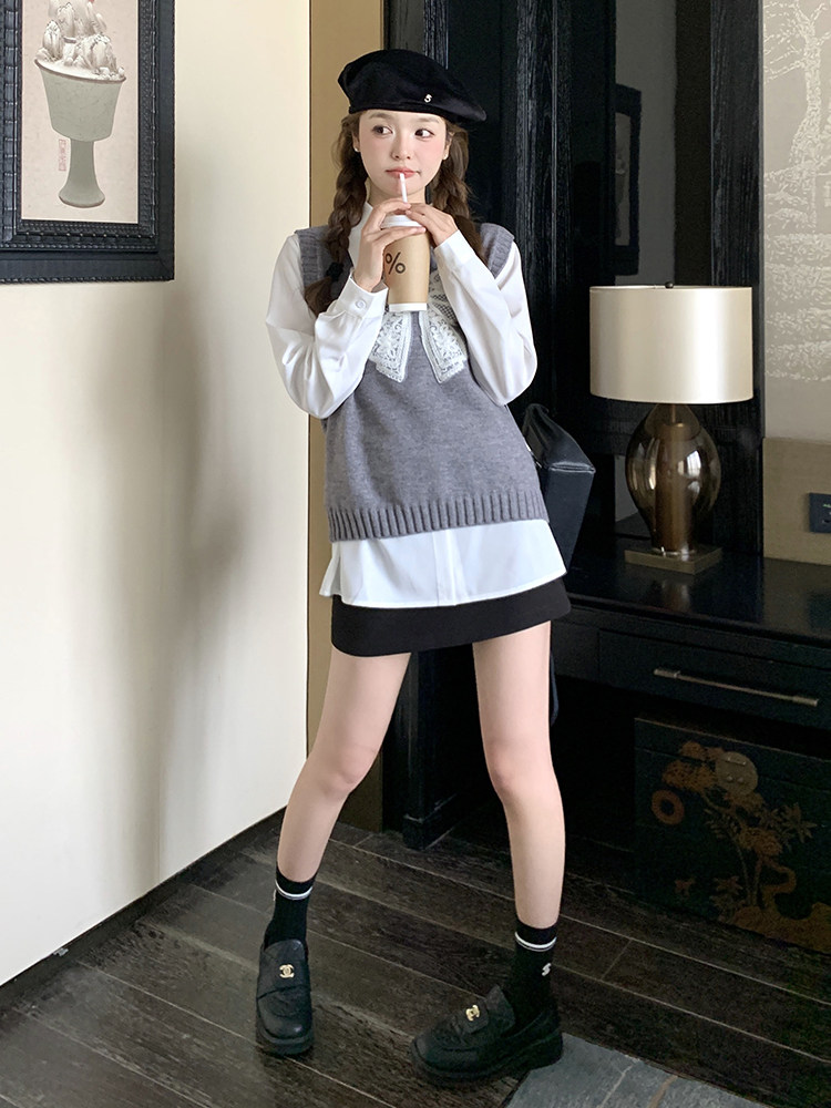 灰色蝴蝶结针织马甲套装2025新款女春季学院风气质衬衫马夹两件套,女装马甲,维壹