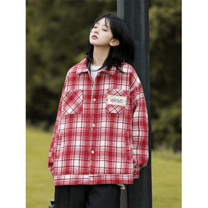 2024年春秋经典款花卉刺绣格子外套男女复古风宽松衬衣衬衫图片