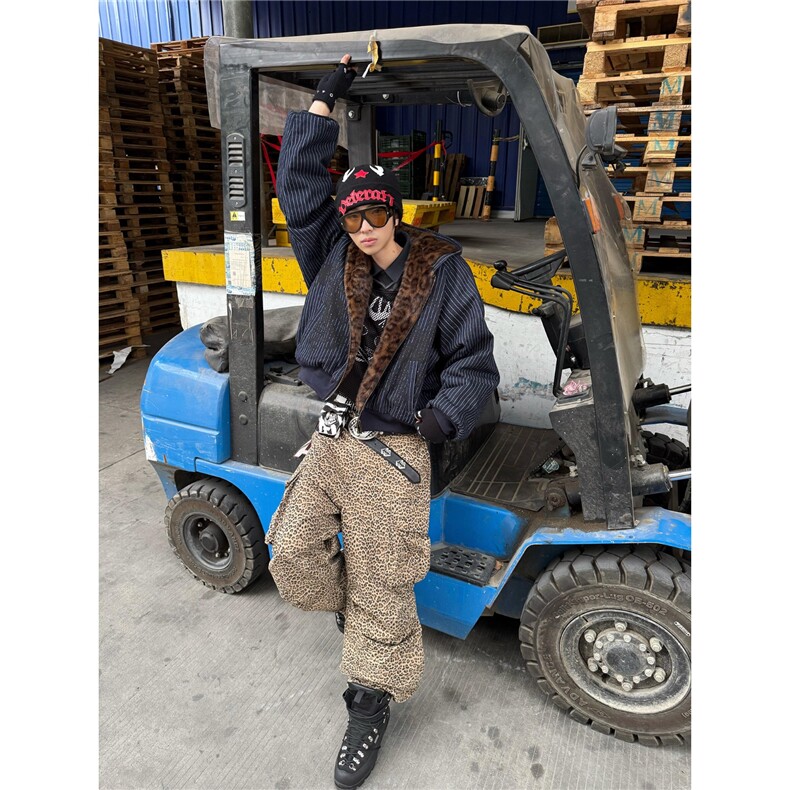 美式街潮条纹座山雕豹纹棉服外套秋冬慵懒宽松百搭时髦设计感夹克,男装夹克,星座506A