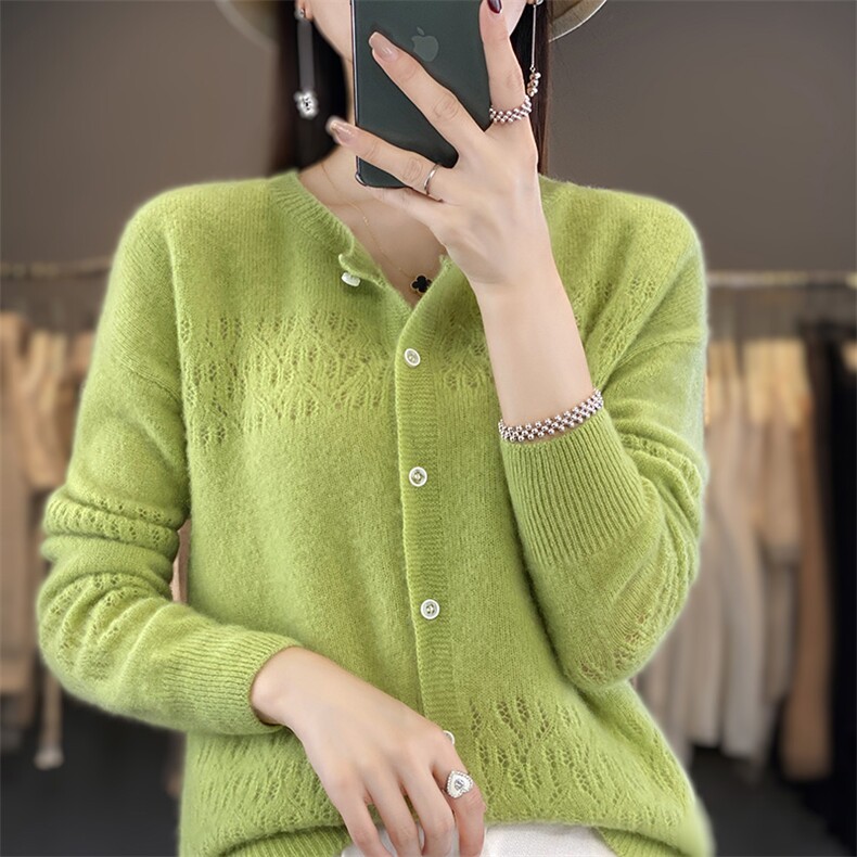 秋冬圆领100%羊毛衫镂空长袖开衫女宽松纯色百搭羊绒针织外套上衣，女装羊毛衫，吉高羊绒