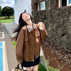 美拉德棕色麂皮绒短外套女2025秋季美式复古炸街pu皮翻领宽松夹克，女装短外套，2C025