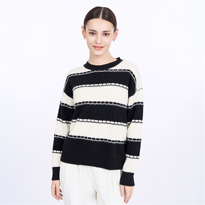 黑白条纹圆领长袖羊毛女秋冬新款宽松显瘦羊毛衫，女装羊绒衫，星纬羊绒