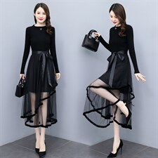 现货2022春秋冬打底季新款收腰显瘦法式针织拼接网纱打底连衣裙女，女装连衣裙，然然