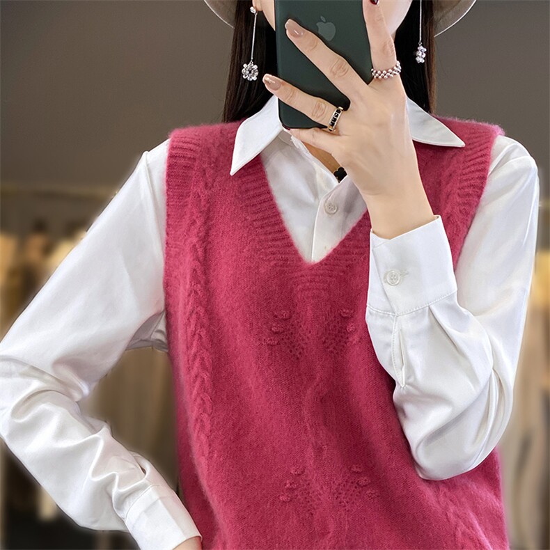 重工绞花针织羊毛衫马甲女春秋v领宽松外搭无袖坎肩宽松毛衣背心，女装马甲，恒旺羊绒