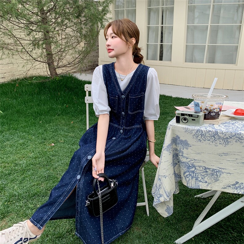 2025夏季韩系牛仔波点背心裙套装女洋气泡泡袖上衣淡人穿搭两件套,女装连衣裙,维壹