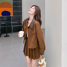 美拉德棕色套装裙女2025秋季新款复古pu皮翻领上衣半身裙两件套潮，女装套装/套裙，2C176