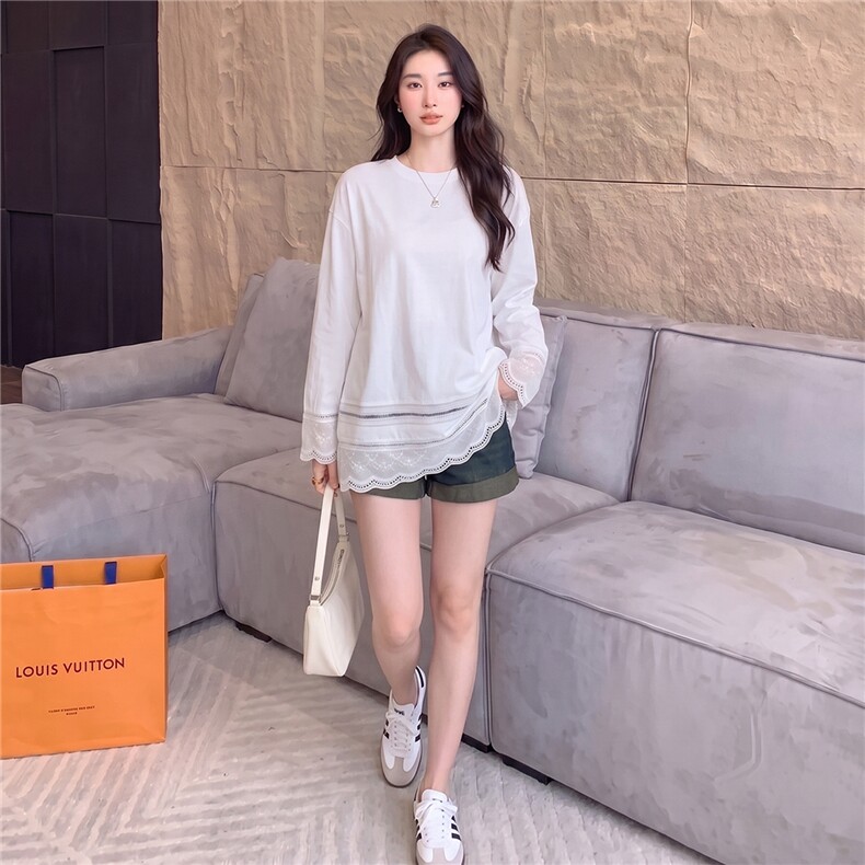 高级感时尚潮流套装女夏季款宽松圆领镂空花边上衣牛仔短裤两件套,女装套装/套裙,江南
