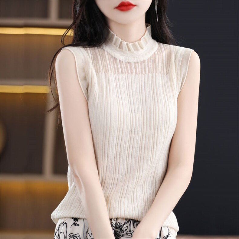 法式时尚花边领背心女秋季网纱半高领打底衫假领蕾丝内搭无袖上衣,女装背心吊带,暖烁羊绒