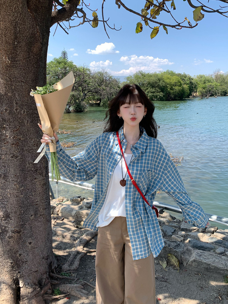 网图复古格纹黄色衬衫春夏季韩系宽松休闲上衣长袖防晒外套特P38,男装防晒衣,电商C306-1