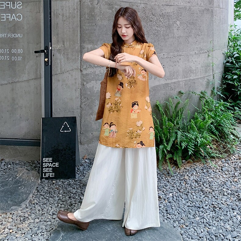 新中式复古印花改良旗袍套装女2025夏新款气质高级感阔腿裤两件套,女装套装/套裙,浙宝305