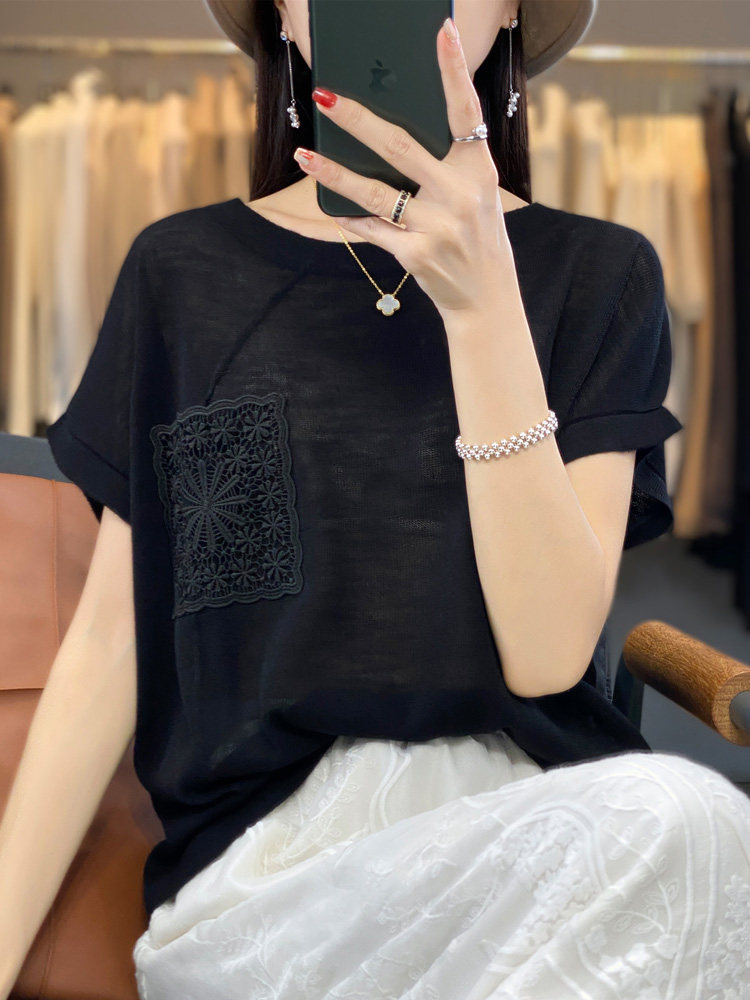 夏季薄款竹节麻短袖韩版冰丝t恤女针织衫时尚上衣设计感小众外穿,针织衫/毛衣,鄂维那特