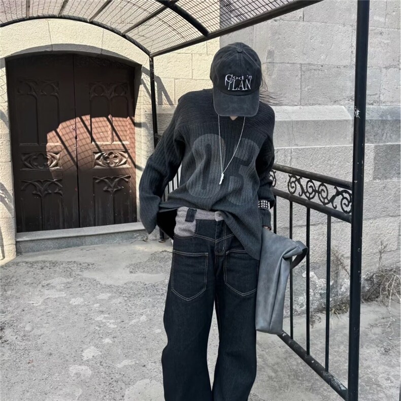 D070-P63数字印花V领针织衫男女2025秋冬美式复古宽松休闲,男装针织衫/毛衣,电商B323A