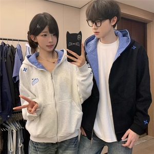 美式冬宽松格子拼接刺绣开衫拉链卫衣休闲夹克外套男女WB592-P57图片