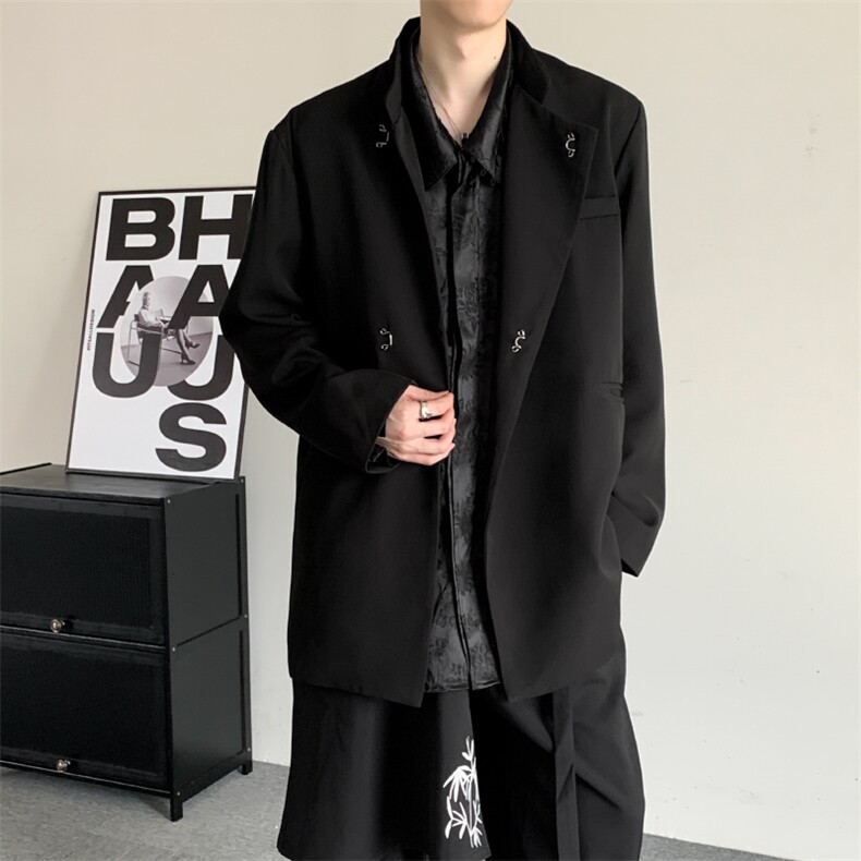 春装小众设计感黑色中山装金属暗扣立领无性别中式男女西装外套，男装西服套装，星座909